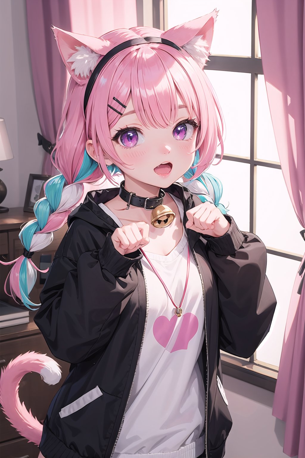 Masterpiece, best quality, highres, detailed background, detailed eyes, 1girl, animal ear fluff, animal ears, bell, blurry, blurry background, blurry foreground, blush, braid, cat, cat ears, cat girl, cat tail, collar, curtains, depth of field, eyebrows visible through hair, fang, hairband, indoors, jacket, kemonomimi mode, long hair, long sleeves, looking at viewer, minato aqua, multicolored hair, neck bell, open clothes, open mouth, paw pose, pink eyes, pink hair, purple eyes, solo, tail, twin braids, twintails, virtual youtuber, window, 