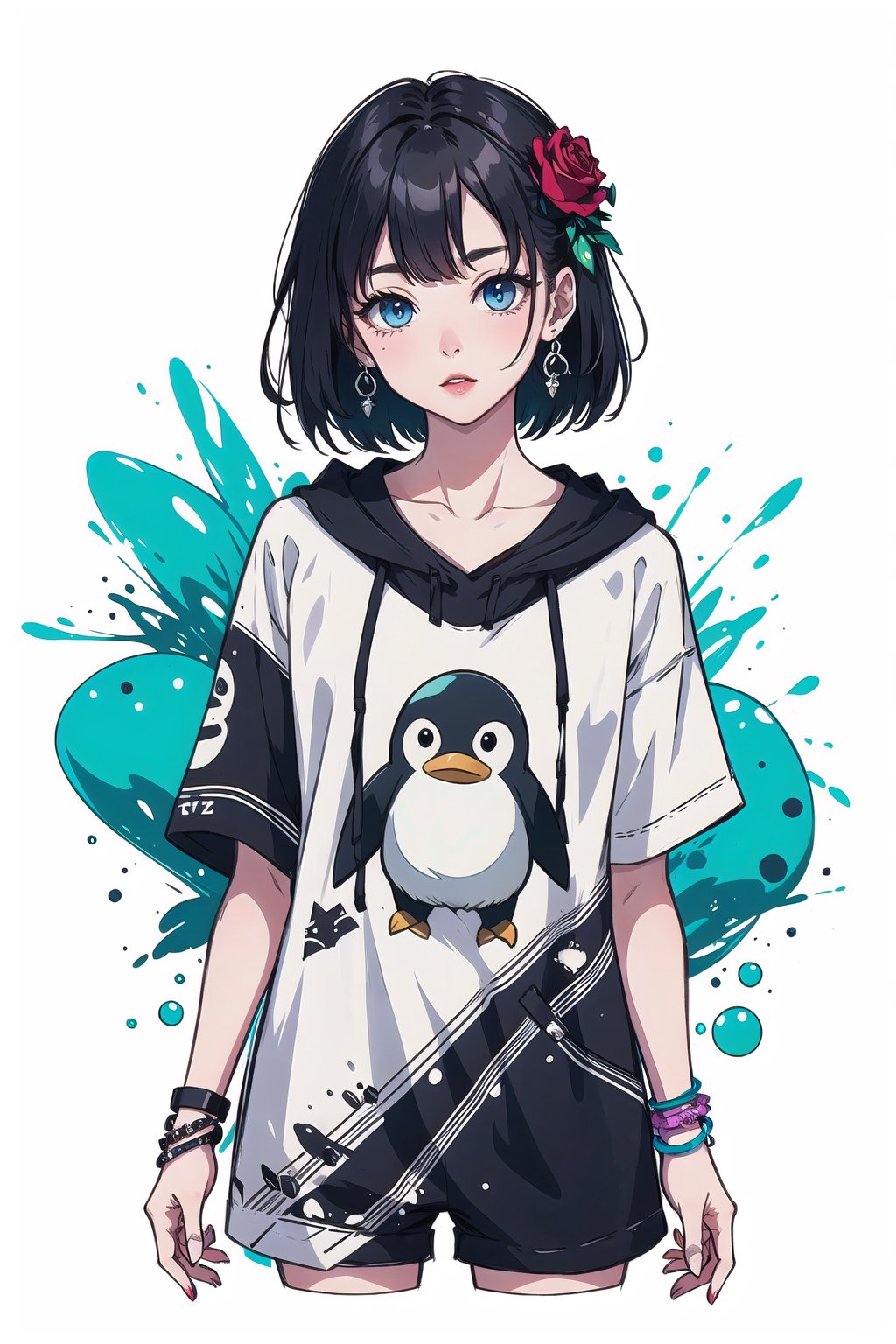 penguin girl, rose print, flower bracelets graffiti,design,Grt2c,white background,Enhance,Worldwide trending artwork
