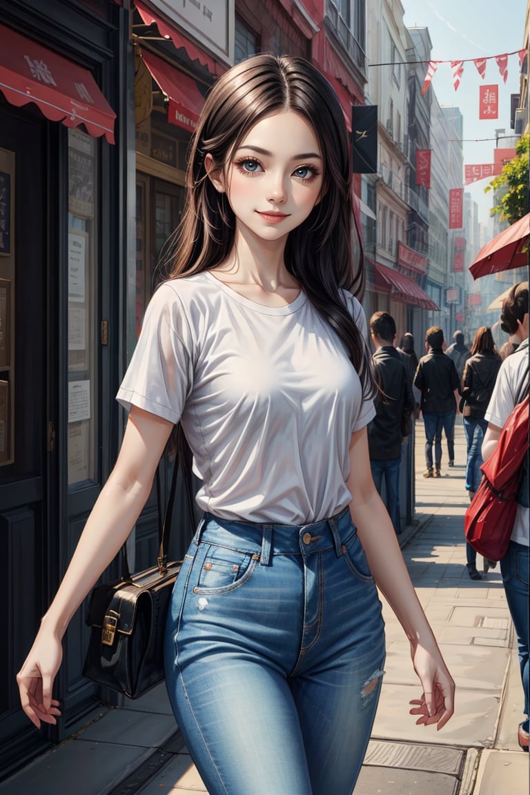 1girl, solo, long hair,  looking at viewer, smile, white shirt, jeans,,Confidence and pride,1 girl ,beauty,masterpiece,best quality,girl,pastel,inksketch,Asia,motion ,Add Art more,Enhance,Worldwide trending artwork