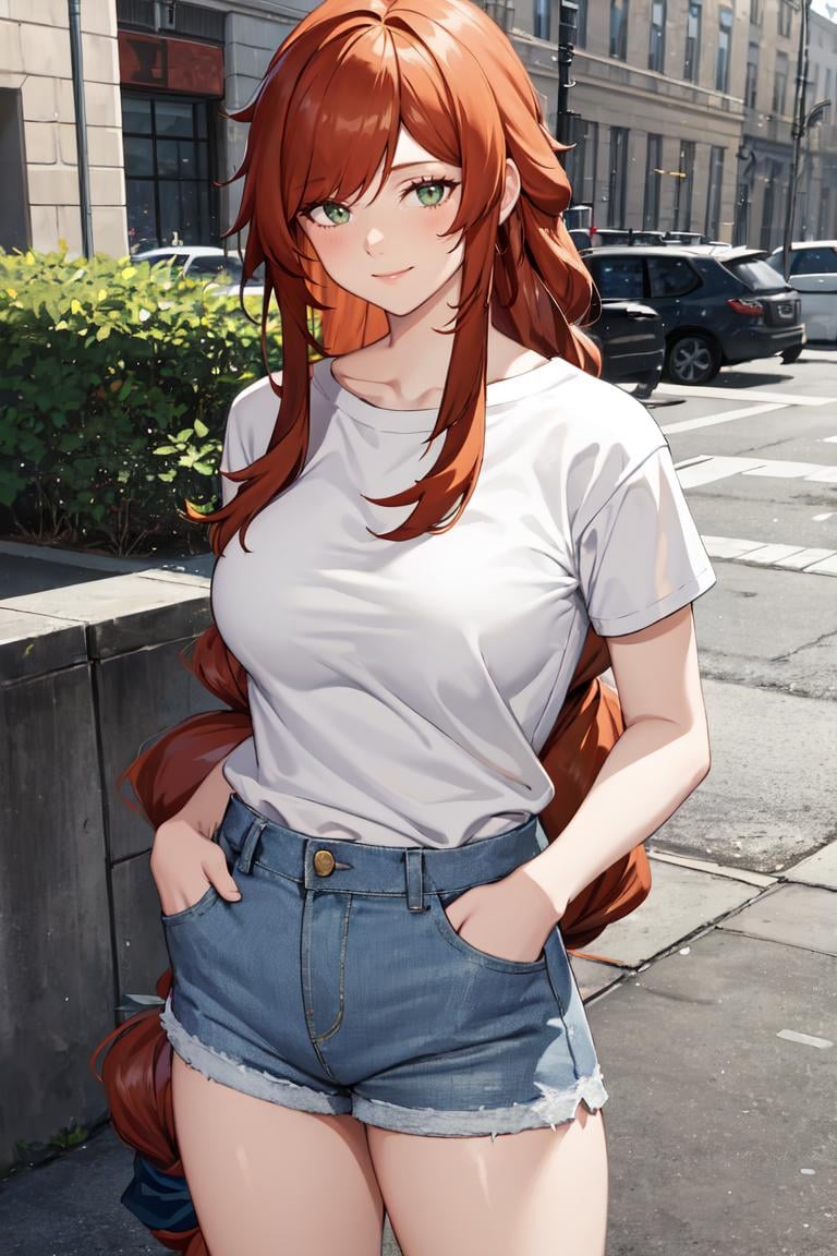 masterpiece, best quality, absurdres, perfect anatomy, 1girl, solo, FlammeFrieren, long hair, braid, t-shirt, denim shorts, standing, outdoors, city, hands in pockets, smile, <lora:Flamme:1>