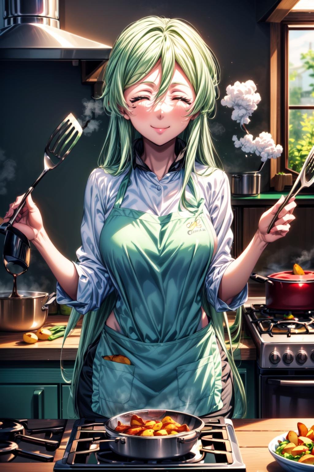 best quality, masterpiece, 1girl, (solo:1.1), raytracing, ultra detailed,detailed face, 8k wallpaper, (large breasts, wide hips:1.2), <lora:more_details:1>, TreyniTensuraNDV, (green hair:1.2), very long hair, under-eye marks, long hair, smile,  <lora:TreyniTensuraNDV:0.7>, (apron, frying potatoes, frying pan, kitchen spatula, kitchen, closed eyes,happy, steam, fire, kitchen stove:1.3)
