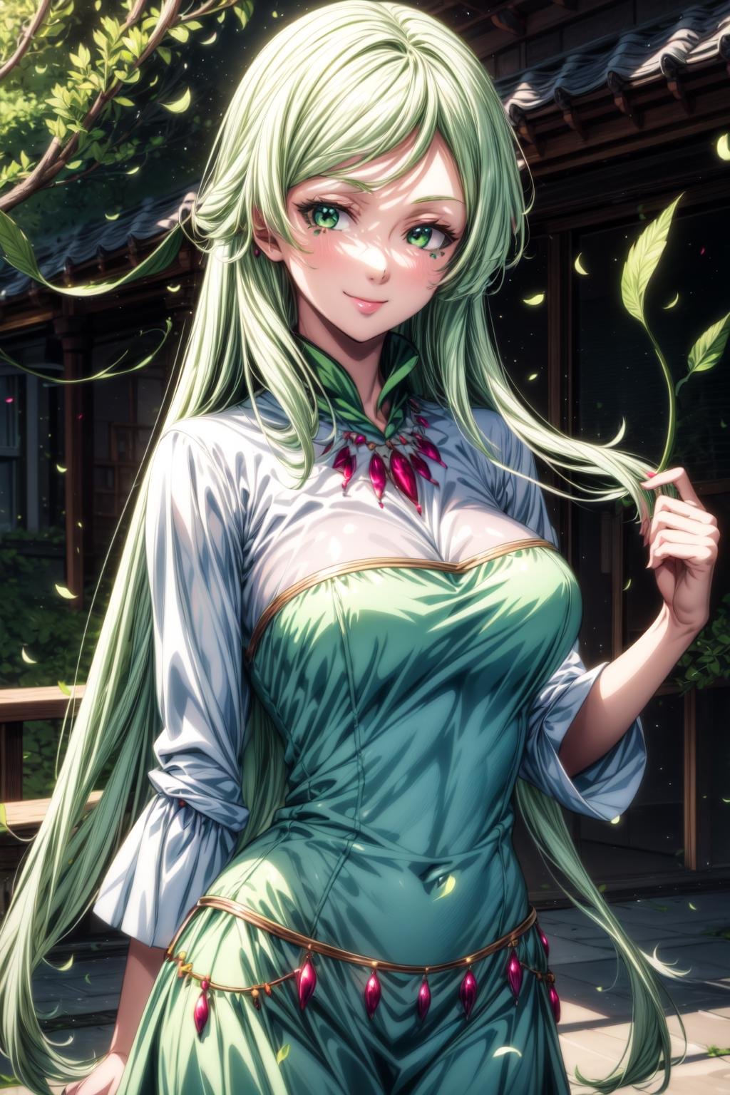 best quality, masterpiece, 1girl, (solo:1.1), raytracing, ultra detailed,detailed face, 8k wallpaper, large breasts, wide hips, <lora:more_details:1>, TreyniTensuraNDV, 1girl, large breasts, (green hair:1.2), very long hair, green dress, necklace, jewerly, petals, vines, leaf, under-eye marks, solo, long hair, smile, dress, jewelry,  <lora:TreyniTensuraNDV:0.7>, outdoor