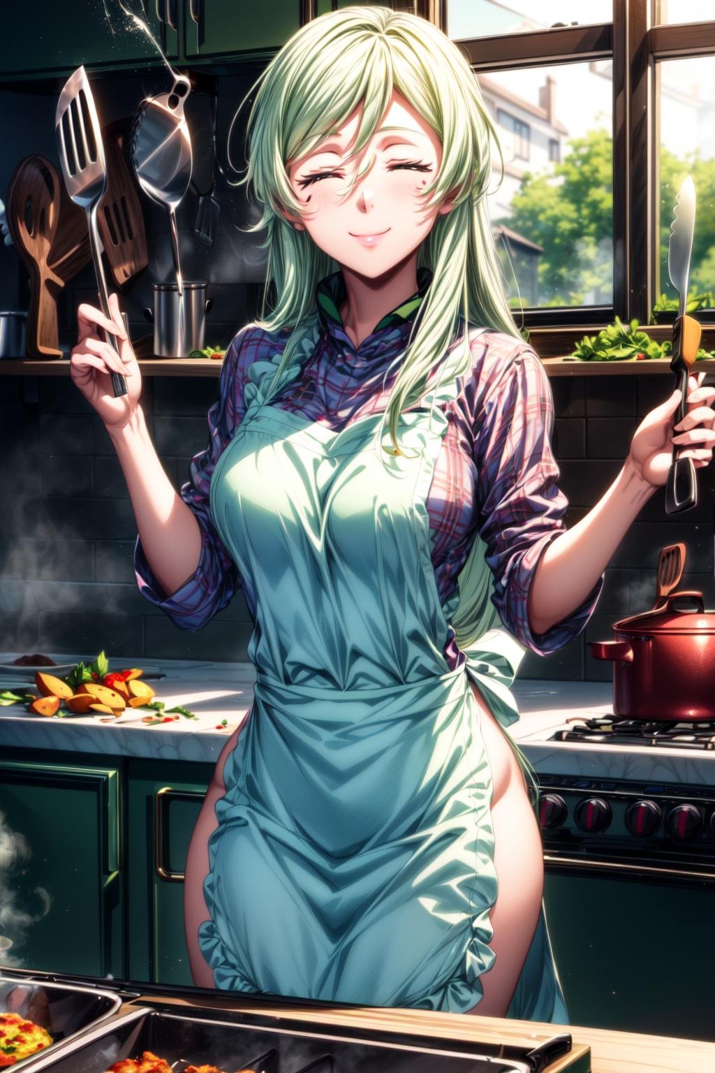 best quality, masterpiece, 1girl, (solo:1.1), raytracing, ultra detailed,detailed face, 8k wallpaper, (large breasts, wide hips:1.2), <lora:more_details:1>, TreyniTensuraNDV, (green hair:1.2), very long hair, under-eye marks, long hair, smile,  <lora:TreyniTensuraNDV:0.7>, (apron, frying potatoes, frying pan, kitchen spatula, kitchen, closed eyes,happy, steam, fire, kitchen stove:1.3)