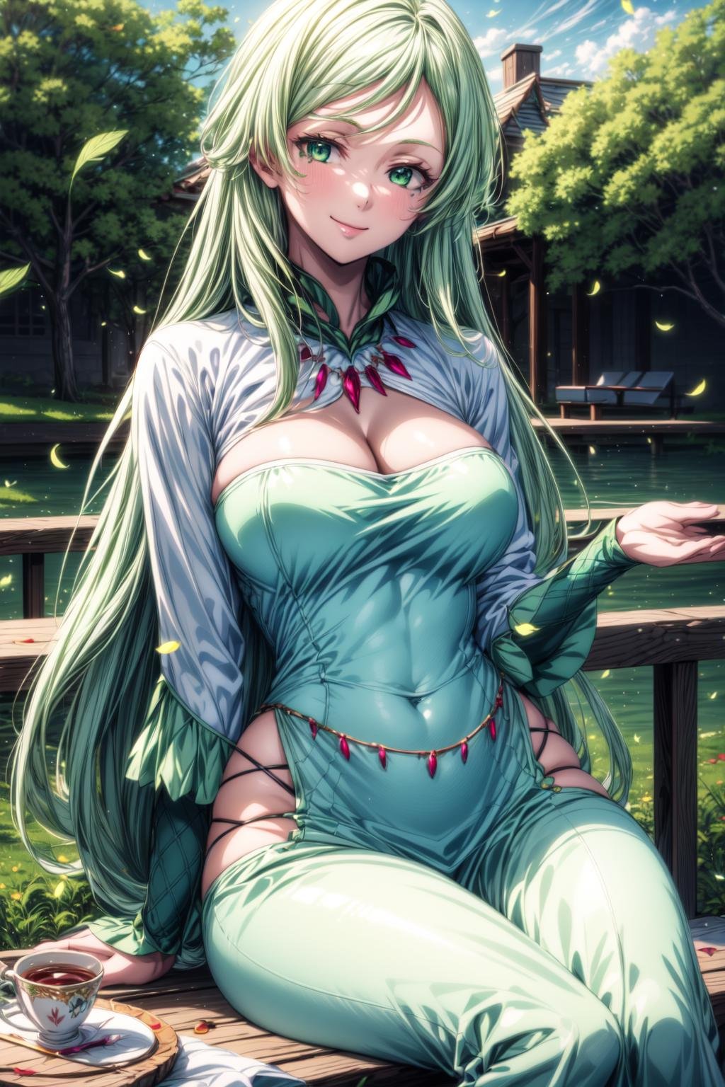 best quality, masterpiece, 1girl, (solo:1.1), raytracing, ultra detailed,detailed face, 8k wallpaper, (large breasts, wide hips:1.2), <lora:more_details:1>, TreyniTensuraNDV, 1girl, large breasts, (green hair:1.2), very long hair, green dress, necklace, jewerly, petals, vines, leaf, under-eye marks, solo, long hair, smile, dress, jewelry,  <lora:TreyniTensuraNDV:0.7>, outdoor, sitting, cup, tea