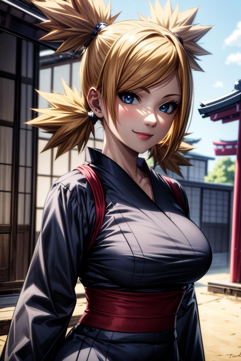 best quality, masterpiece, 1girl, (solo:1.1), raytracing, ultra detailed,detailed face, 8k wallpaper, wide hips, <lora:more_details:1>, TemariNarutoNDV, 1girl, blonde hair, twintails, blue eyes, large breasts, quad tails, japanese clothes, forehead protector, black kimono, smile, (japenesse fan:1.2),  <lora:TemariNarutoNDV:0.7>, outdoor, village