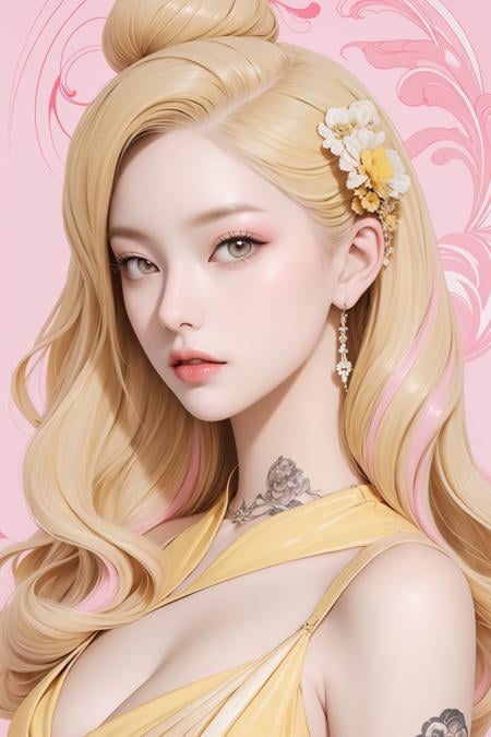 Art Nouveau Style, heavy ink lines, portrait, masterpiece, yellow dress, Caucasian, formal dress, young lady, blonde hair with pink streak, ((holding beehive)), heavy ink lines