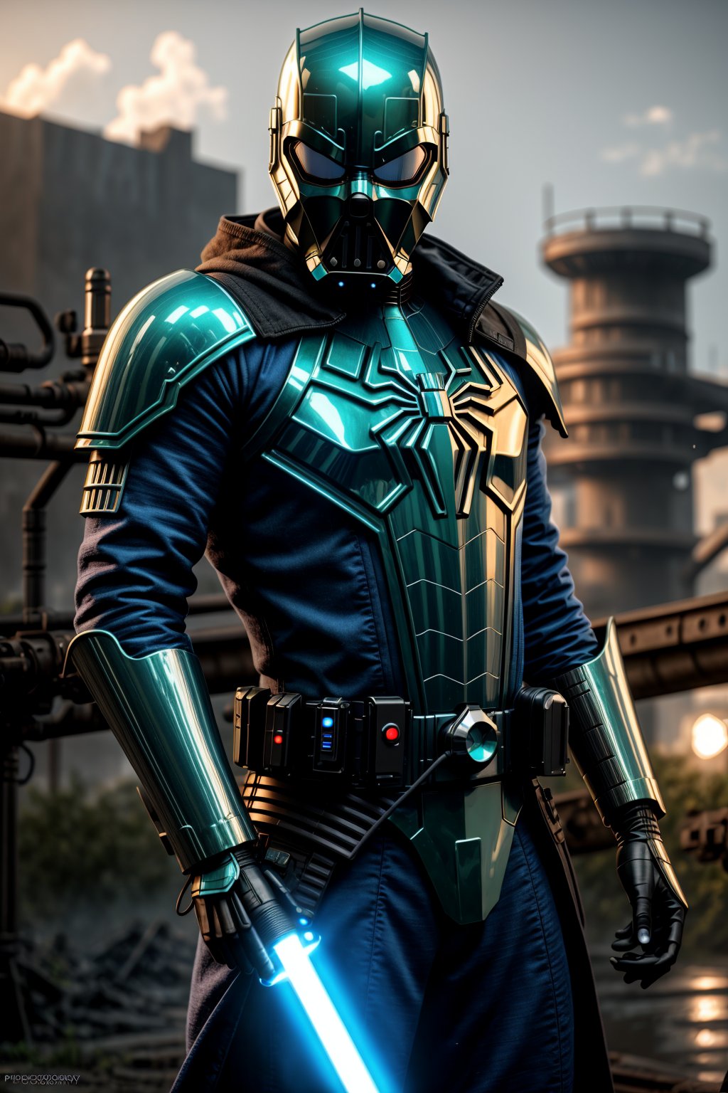 <lora:Armored Spiderverse_v3:1> masterpiece, photorealistic highly detailed 8k photography, best cinematic quality, volumetric lighting, man in Lightsaber Blue rmspdvrs, lip bite, Old Industrial Factory Ruins background