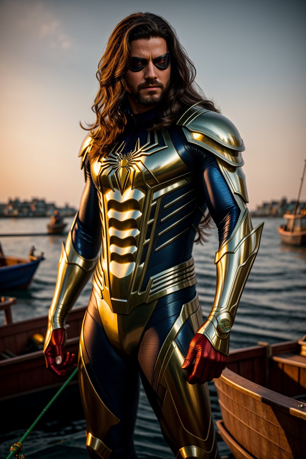 <lora:Armored Spiderverse_v3:1> masterpiece, photorealistic highly detailed 8k photography, best cinematic quality, volumetric lighting, long hair man in Platinum rmspdvrs, hands-on-hips, Fishing Villages background