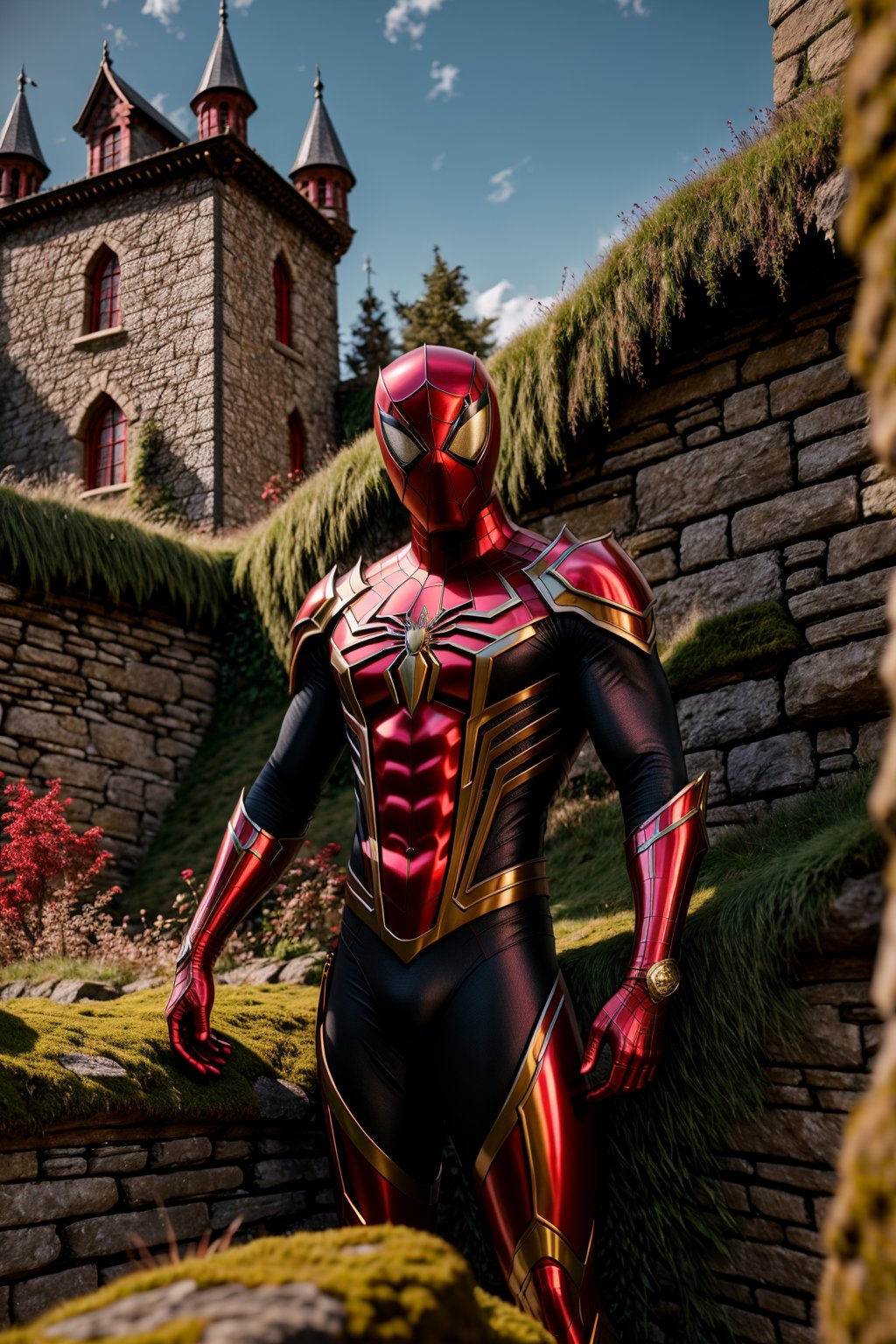 <lora:Armored Spiderverse_v3:1> masterpiece, photorealistic highly detailed 8k photography, best cinematic quality, volumetric lighting, man in Dark Red rmspdvrs, sunbathing, Moss-Covered Stone Walls in Castles background