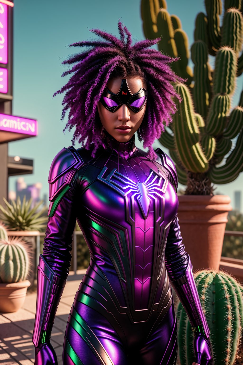 <lora:Armored Spiderverse_v3:1> masterpiece, photorealistic highly detailed 8k photography, best cinematic quality, volumetric lighting, man in Neon Purple rmspdvrs, playing with her hair, Cactus Gardens background