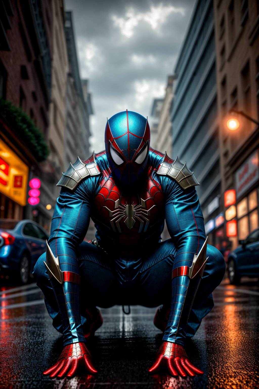 <lora:Armored Spiderverse_v3:1> masterpiece, photorealistic highly detailed 8k photography, best cinematic quality, volumetric lighting, man in Chambray Blue rmspdvrs, lying on back, perpendicular to the camera, Umbrella-Filled Streets during Festivals background