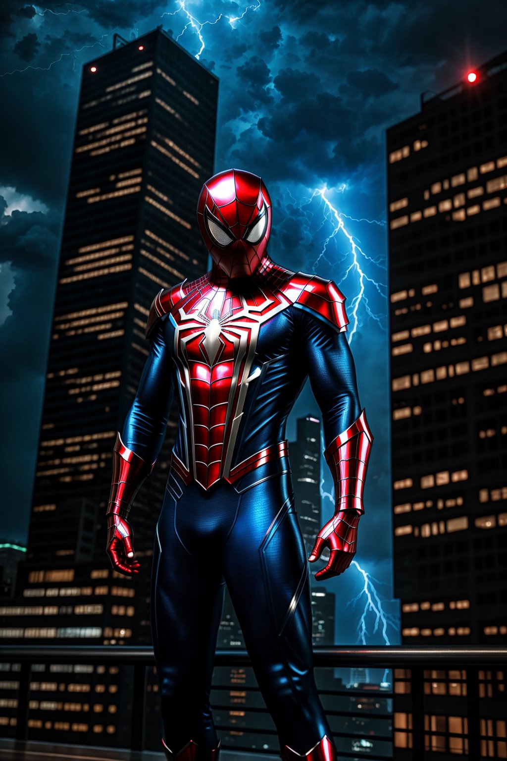 <lora:Armored Spiderverse_v3:1> masterpiece, photorealistic highly detailed 8k photography, best cinematic quality, volumetric lighting, man in Reflex Blue rmspdvrs, getting dressed, Dramatic Lightning Storms over Cityscapes background