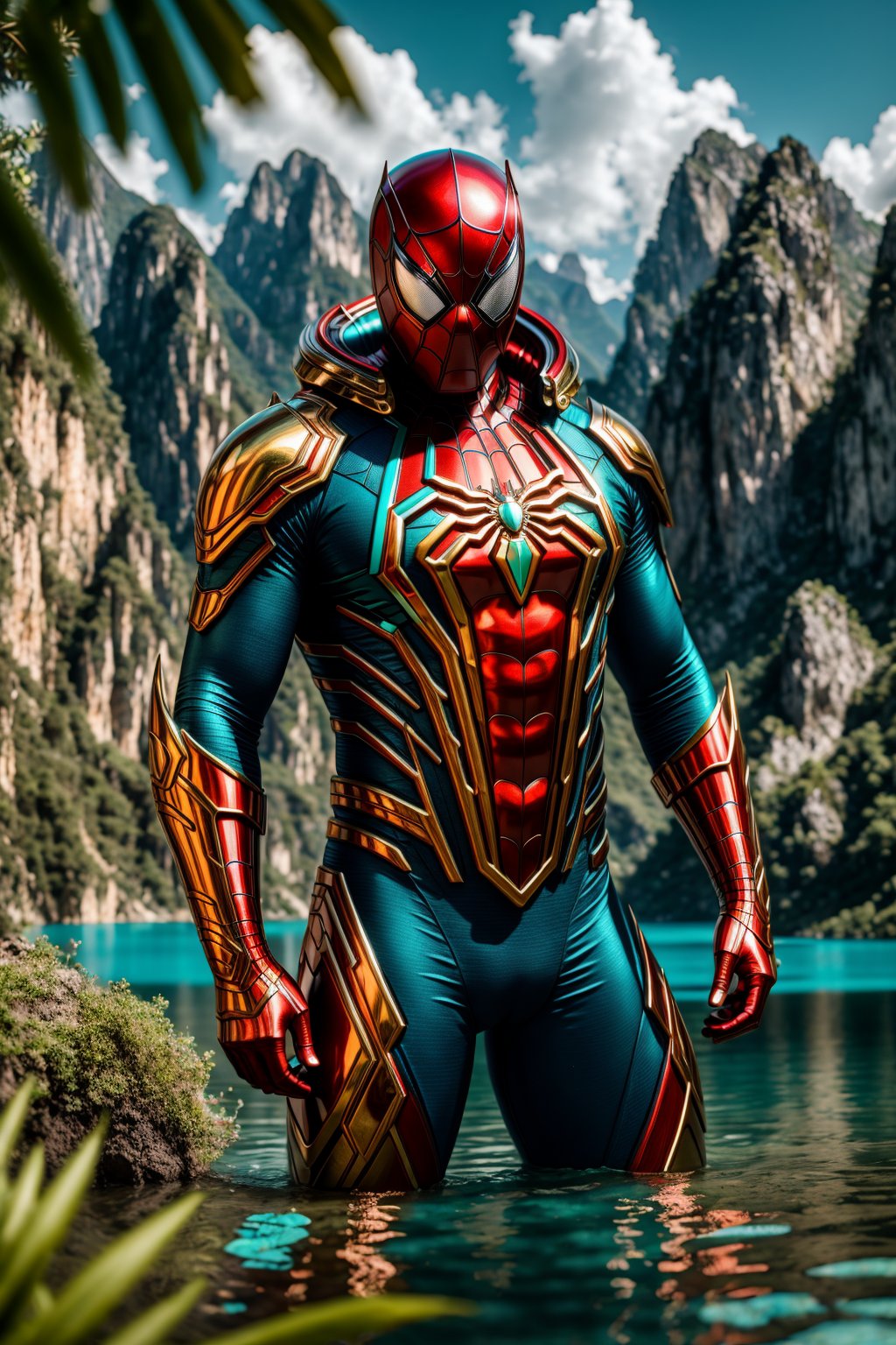 <lora:Armored Spiderverse_v3:1> masterpiece, photorealistic highly detailed 8k photography, best cinematic quality, volumetric lighting, man in Heliconia rmspdvrs, crawling, Turquoise Mountain Lakes background