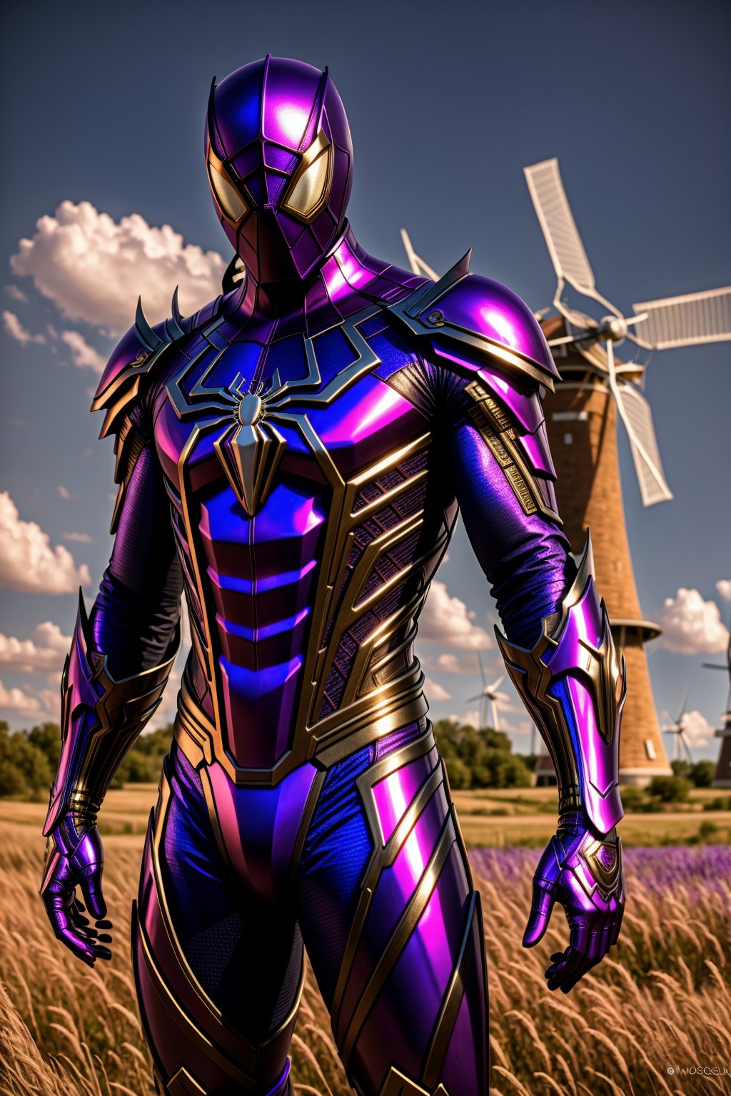 <lora:Armored Spiderverse_v3:1> masterpiece, photorealistic highly detailed 8k photography, best cinematic quality, volumetric lighting, man in Light Zerg Purple rmspdvrs, getting undressed, Rural Windmills background