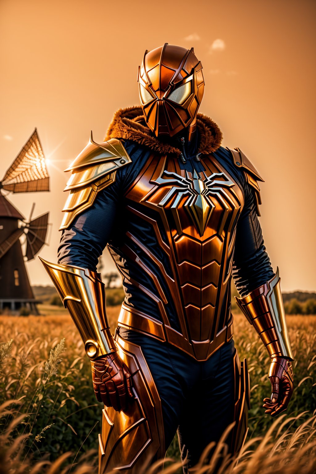 <lora:Armored Spiderverse_v3:1> masterpiece, photorealistic highly detailed 8k photography, best cinematic quality, volumetric lighting, man in Pumpkin Spice Orange rmspdvrs, flexing, Rustic Windmills background