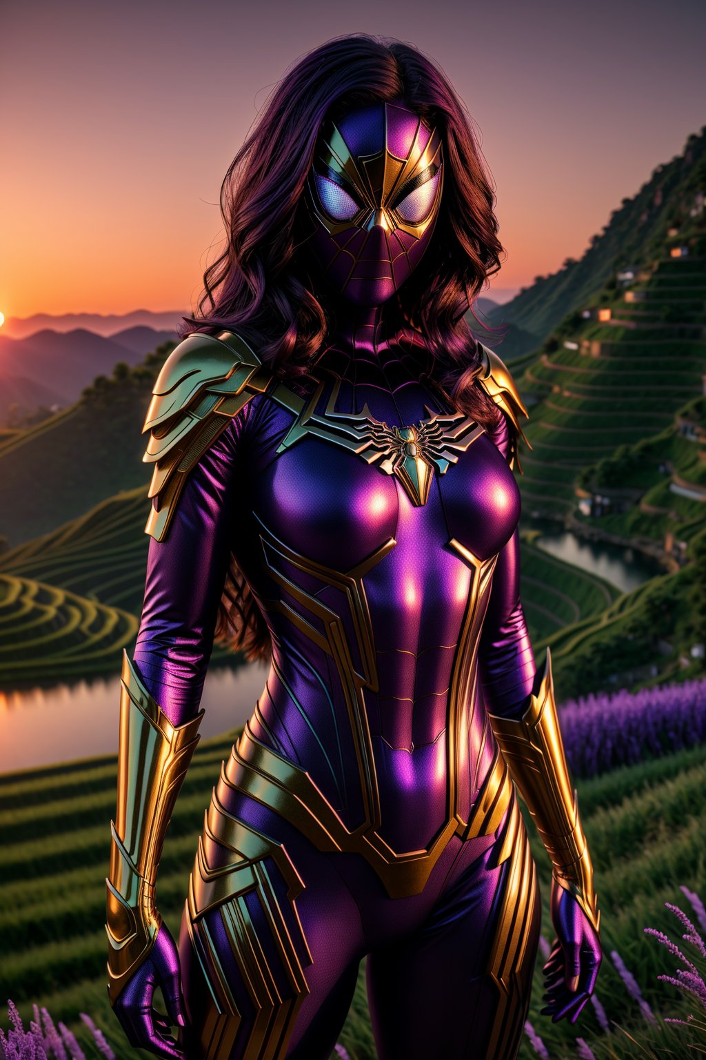 <lora:Armored Spiderverse_v3:1> masterpiece, photorealistic highly detailed 8k photography, best cinematic quality, volumetric lighting, woman in Midnight Purple rmspdvrs, showing indifference, Sunset over Rice Terraces background