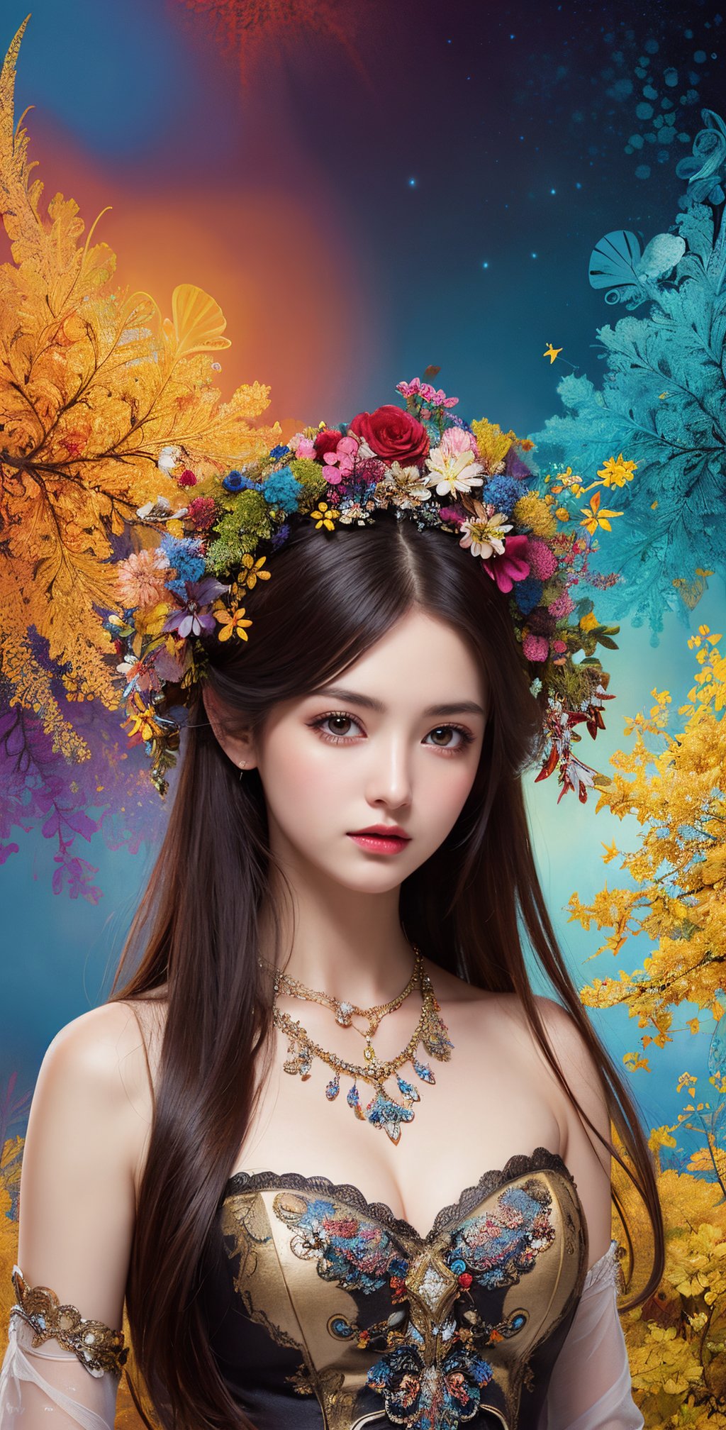 1girl,(masterpiece, top quality, best quality, official art, beautiful and aesthetic:1.2), (1girl), extreme detailed,flowers,(fractal art:1.3),colorful,highest detailed