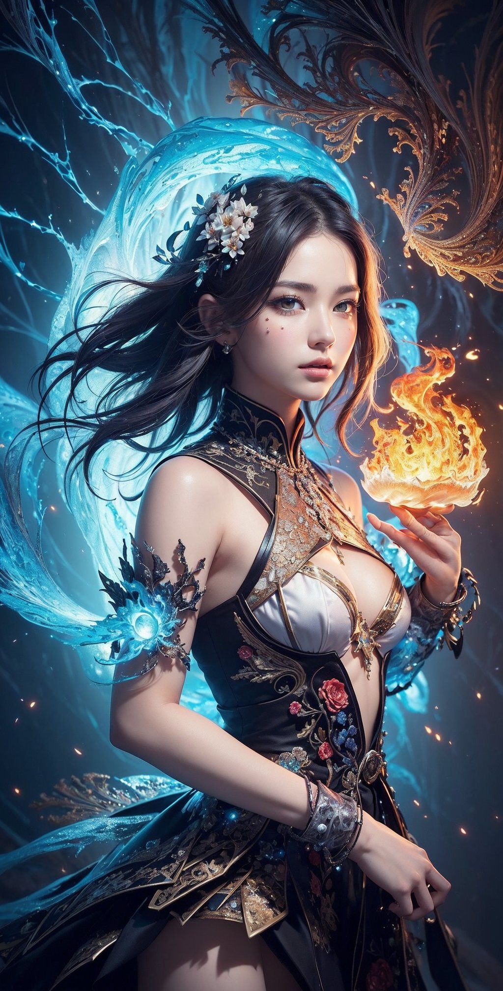 (masterpiece, top quality, best quality, official art, beautiful and aesthetic:1.2), (1girl), extreme detailed,(abstract, fractal art:1.3),colorful hair,highest detailed, detailed_eyes, fire, water,flower, ice, lightning, light_particles, ghost,more detail XL, upper body,