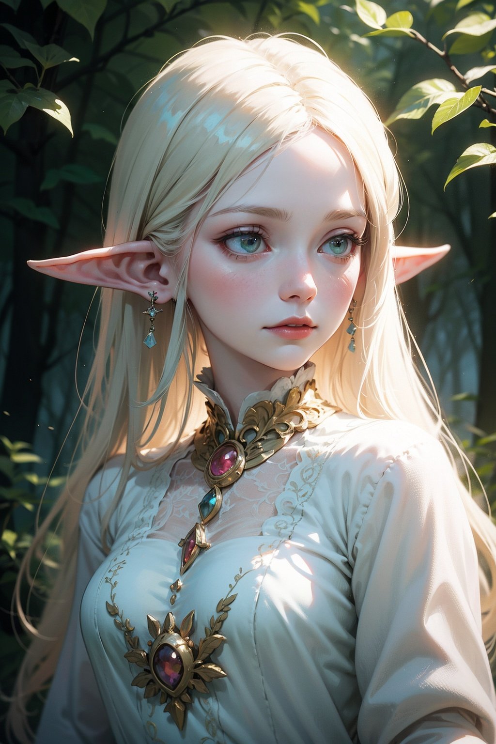 elf portrait,enchanting beauty,fantasy,ethereal glow,pointed ears,delicate facial features,long elegant hair,nature-themed attire,mystical ambiance,soft lighting,tranquil expression,harmonious with nature,subtle magical elements,serene,intricate jewelry,dreamlike quality,pastel colors,<lora:skin_tone_slider_v1:-2>,