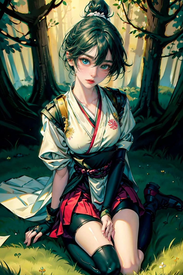 (masterpiece, top quality, best quality, official art, beautiful and aesthetic:1.2), (1girl:1.3), heterochromia, SharpEyess , mismatched gloves, thigh strap,  fantasy background, masterpiece, best quality, kiriko \(overwatch\), green hair, ponytail, brown eyes, facial mark, fox mask, half mask, smile, open mouth, medium breasts, white kimono, red skirt, thighs, sitting, wariza, from above, forest,kiriko