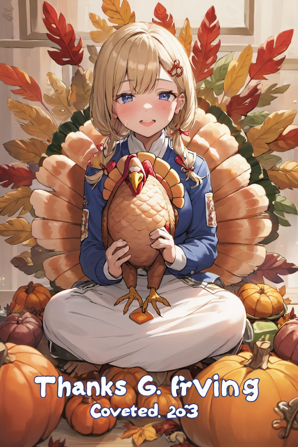 Seiza, ("THANKS GIVING 2023" text logo decorated, roasted turkey on your lap : 1.4), palms together, offering a prayer of thanksgiving, tears of gratitude, blushing, looking_at_viewer, cowboy_shot, 1girl