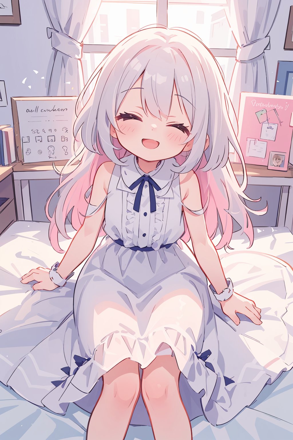 absurdres ,high res, perfect anatomy, Hyper detailed, high-resolution in elaborateness, (1 very cute girl:1.3), solo, smile, fluffy long dress, (bright room:1.2), (half open eyes:1.3)