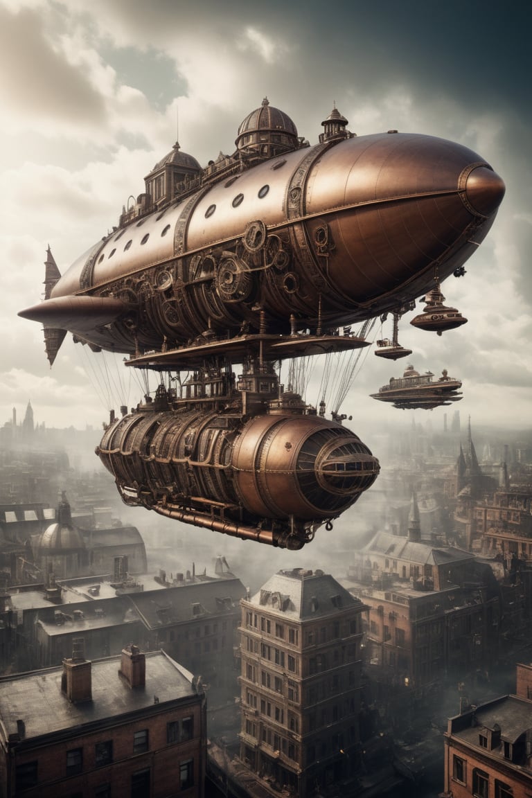 RAW photo | steampunk future cityscape with large flying zeppelin | detailed, steampunk technological architecture,