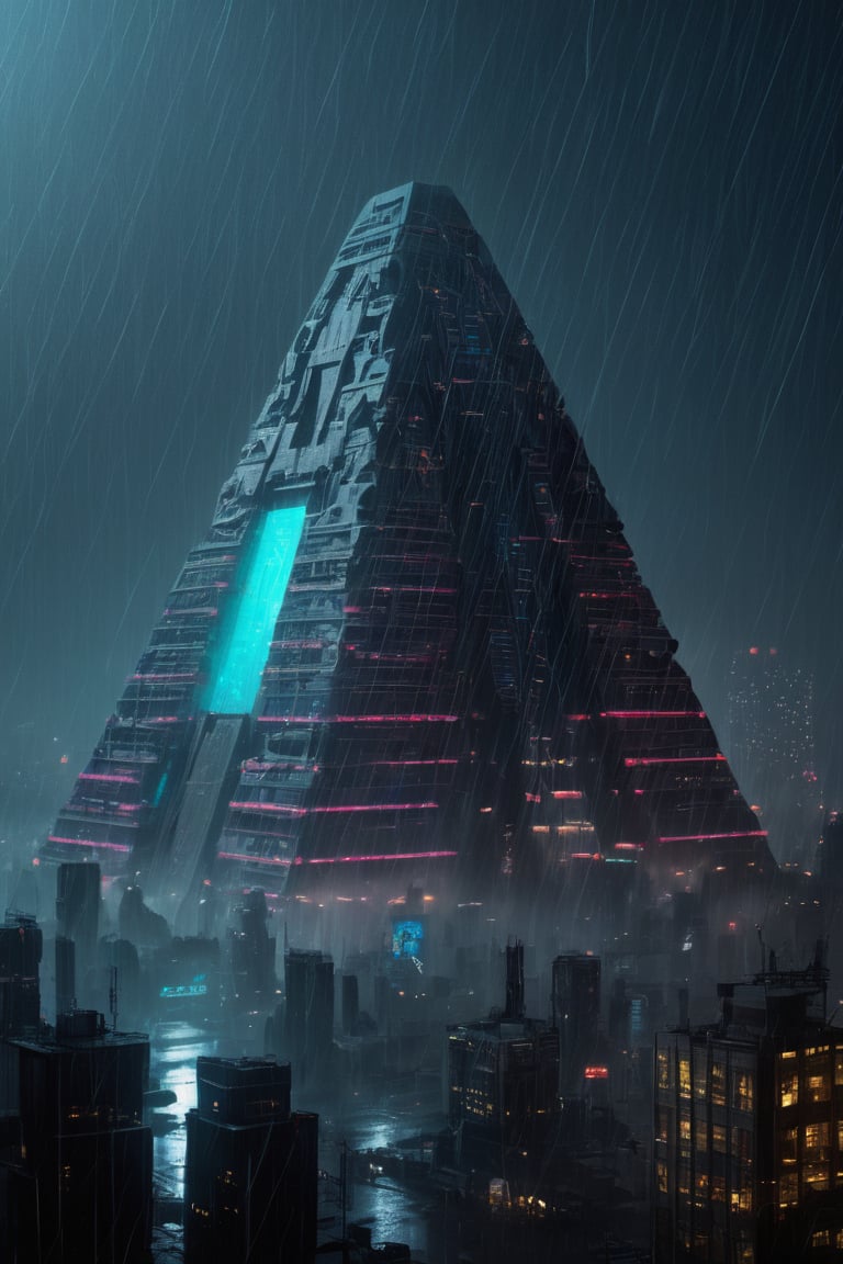 RAW photo | future cityscape with giant pyramid, neon  lights, rainy | detailed, advanced technological architecture,
