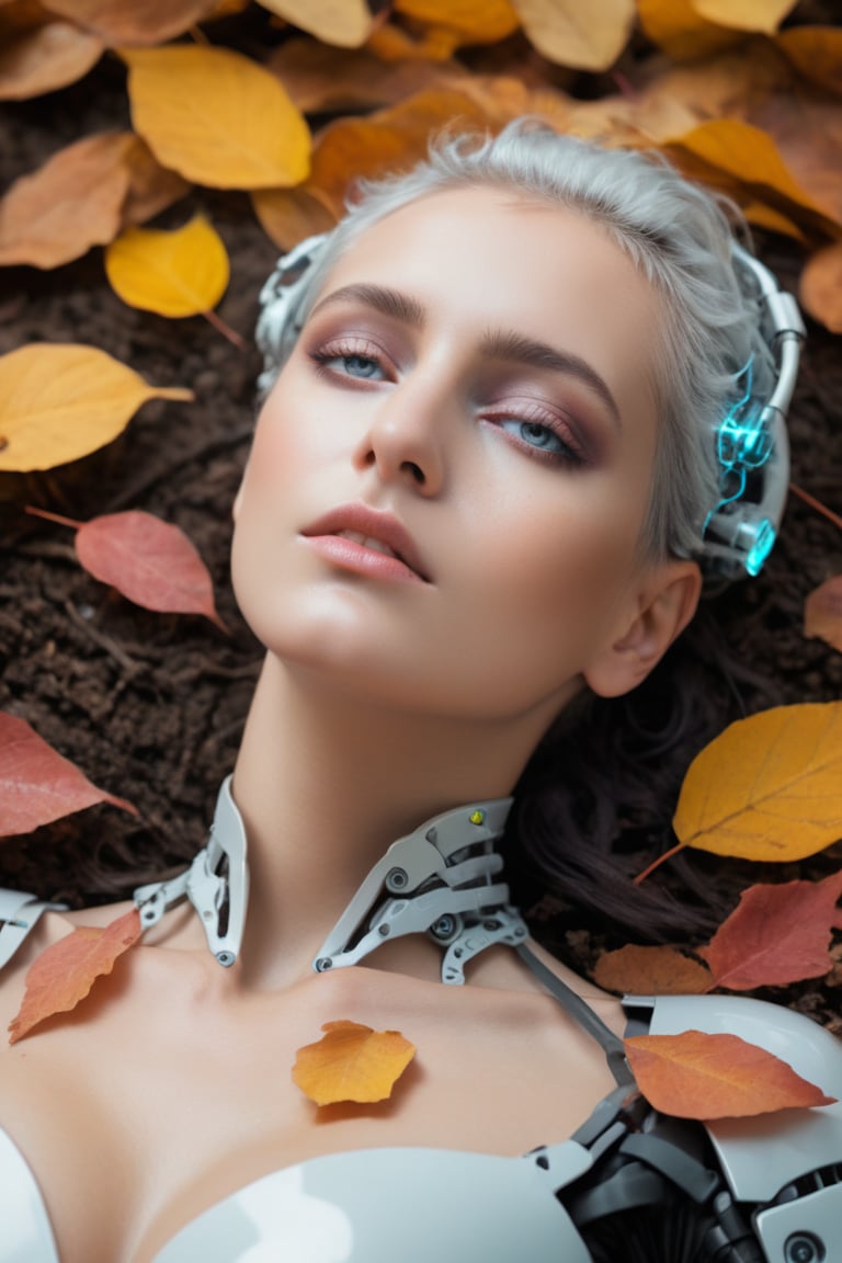 RAW photo | a beautiful cybernetic woman lounging on an overcast Autumn day, pastel flower petals streaming down from her eyes, surrounded by autumn leaves | intricate nano cybernetic bodywork,