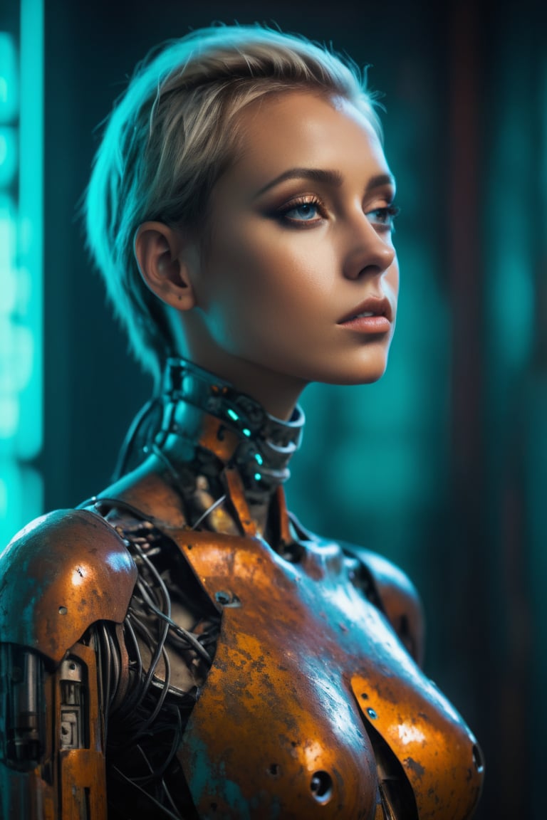 a beautiful sensuous cybernetic woman, rusted corroded metal body panels, || angled shot, (futuristic neon background:1.3), || cinematic movie still, RAW ultra high resolution photograph