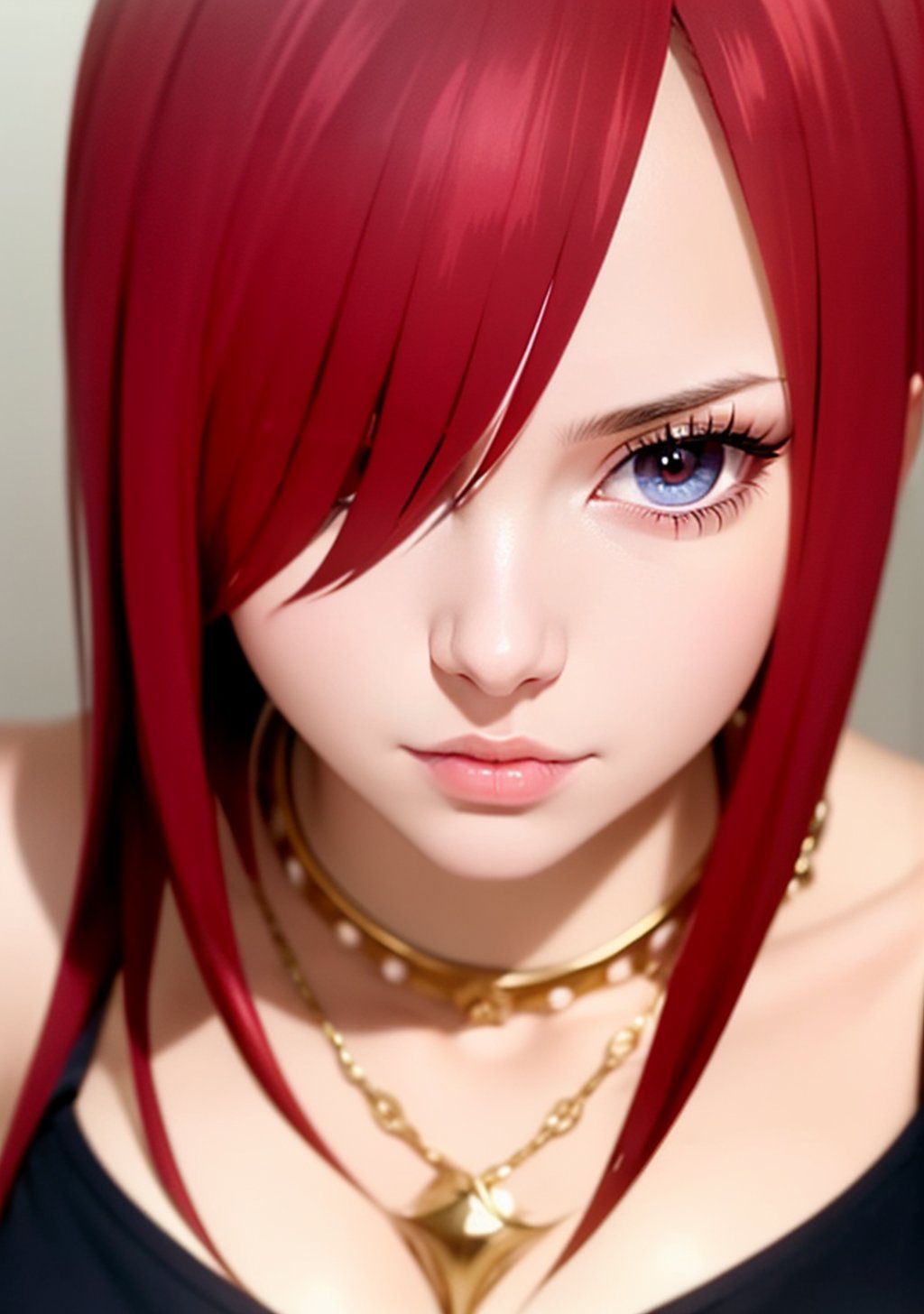 1girl, Erza_FT, hair over one eye, white dress, gold necklace, thighhihs, cleavage, ((Erza Scarlet)), ((detailed face and eyes)), perfect eyes, intrincate details, masterpiece, best quality, 4K, HDR, cinematiclighting
