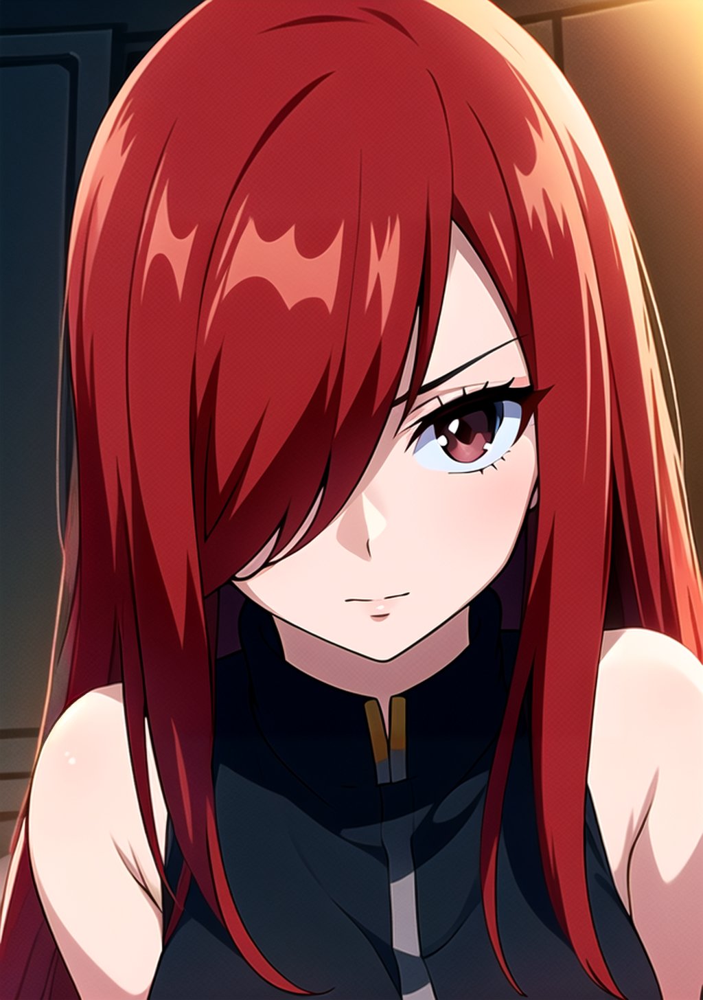  1girl, Erza_FT, brown eyes, hair over one eye, ((Erza Scarlet)), perfect eyes, masterpiece, best quality, 4K, HDR, cinematiclighting