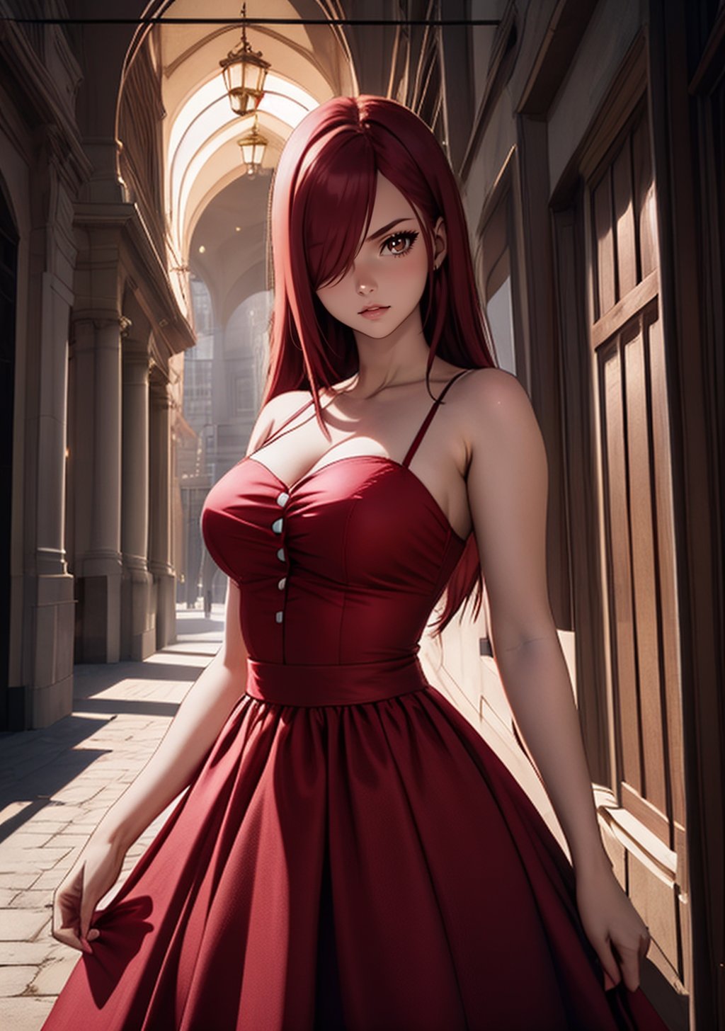  1girl, Erza_FT, brown eyes, hair over one eye, ((Erza Scarlet)), dress, curvy_figure, perfect eyes, masterpiece, best quality, 4K, HDR, cinematiclighting