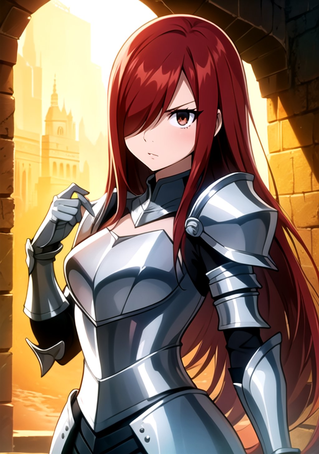 1girl, Erza_FT, brown eyes, hair over one eye, ((Erza Scarlet)), armor, perfect eyes, masterpiece, best quality, 4K, HDR, cinematiclighting