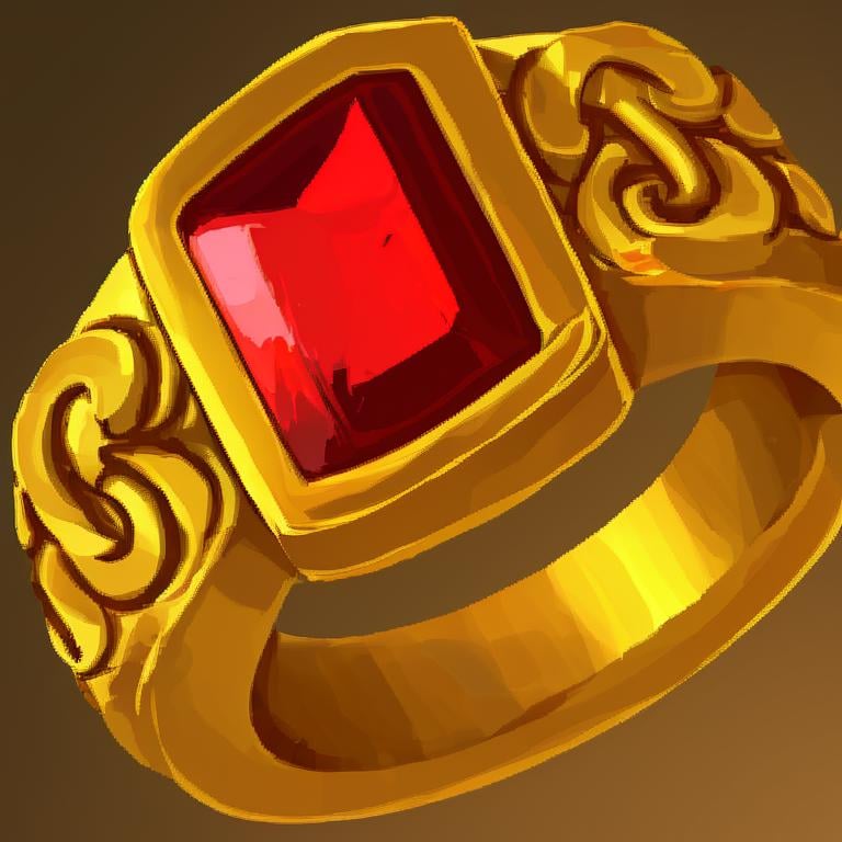 <lora:FantasyIcons_Rings:0.8>, simple background, gold ring, red jewel, 
