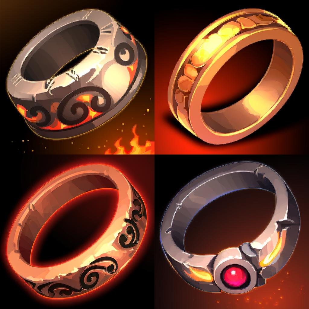 <lora:FantasyIcons_Rings:0.8>, simple background, black metal ring,  glowing colored jewel, fire, 