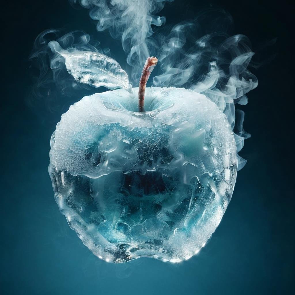 a apple,ice,  <lora:Ice:1>,smoke