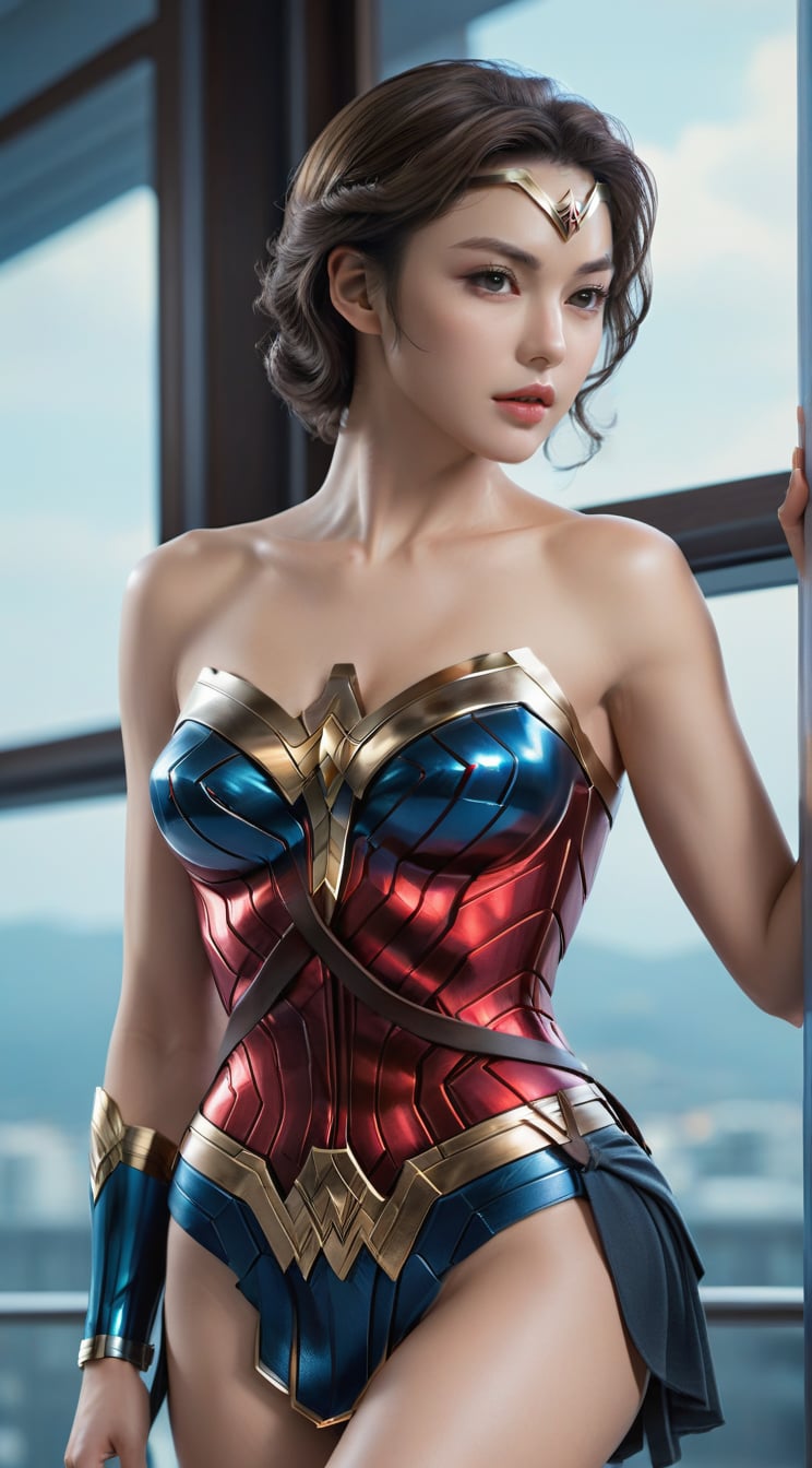 A sophisticated woman,detailed exquisite symmetric face,soft shiny skin,detailed eyes,sharp nose,short hair,hourglass figure,perfect female form,slim and tall model body,bokeh,mesmerizing and alluring,looking at viewer,rule of thirds,by SakimiChan and Yoji Shinkawa and serafleur,(head to thigh sideview:1.3),more detail XL,wonder-woman-xl,koh_yunjung