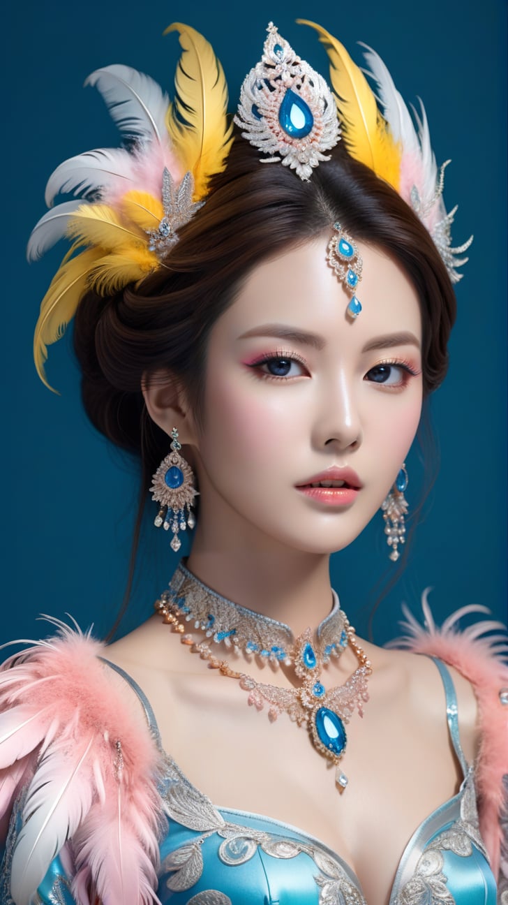 A gorgeous woman,alluring neighbor's wife,detailed exquisite symmetric face,make up,foxy eyes,soft shiny skin,studio photo,majestic,opulent,filigree jewelleries and fluffy feathers,azure yellow pink dark-silver colors,untra-detailed,magic,epic,fantasy,barok,(full body sideview:1.3),koh_yunjung