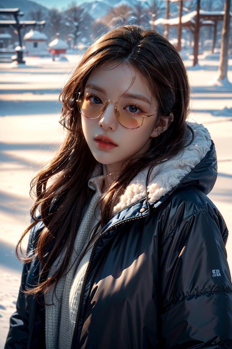 (masterpiece, best quality, ultra-detailed, 8K),beautiful girl standing in snow park,bobcut,(close-up on face),sunglasses,(blue winter jacket),(colorful),cinematic lighting,seolhyun,koh_yunjung