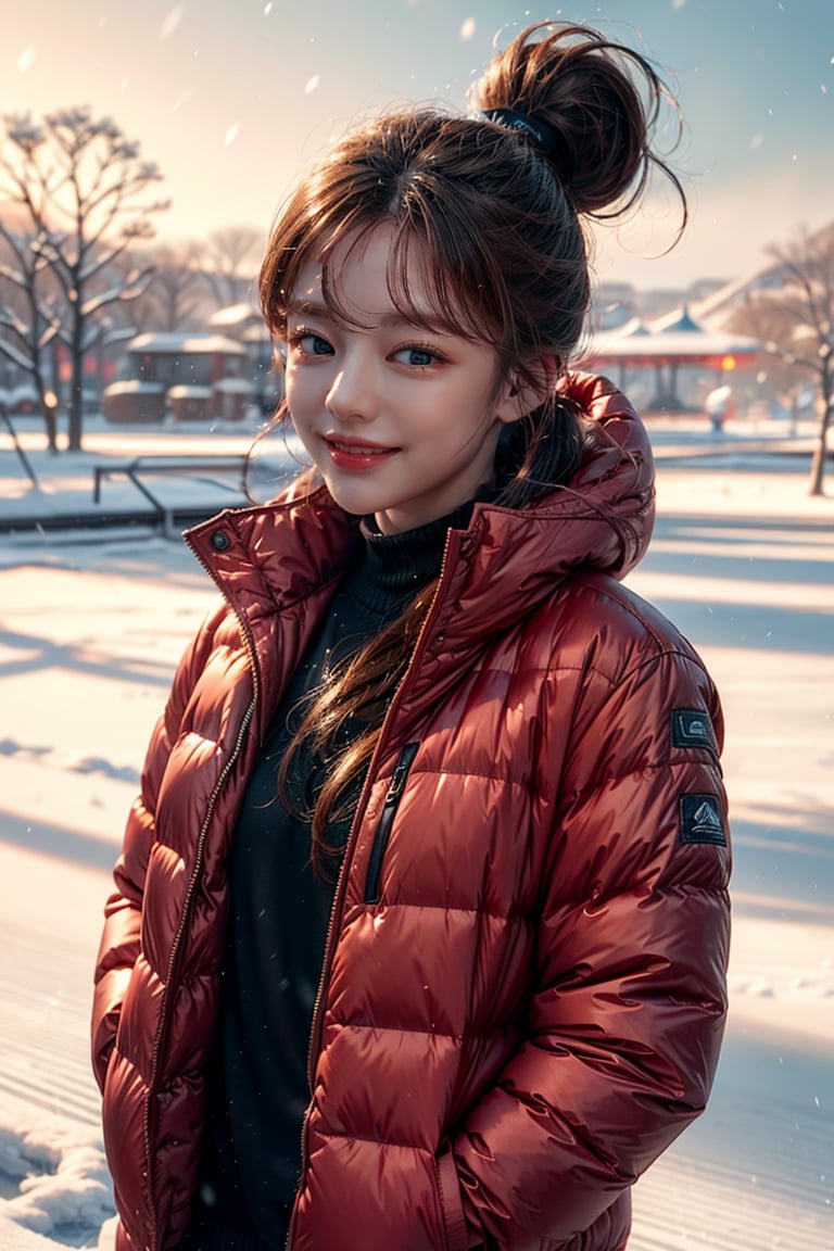 (masterpiece, best quality, ultra-detailed, 8K),beautiful girl standing in snow park,(big smile),ponytail,(close-up on face),(red winter down jacket),(colorful:1.2),cinematic lighting,kimtaeri,koh-yunjung,koh_yunjung