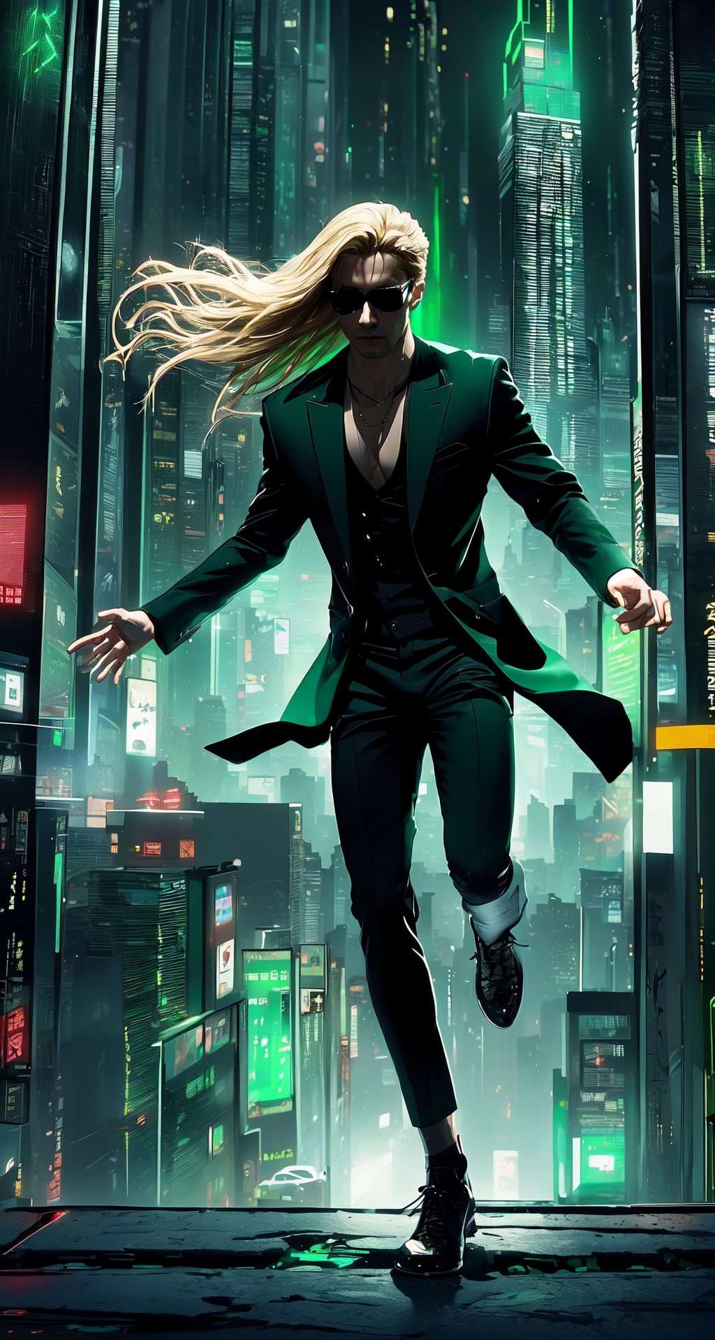 Master masterpiece, high-definition picture quality, matrix style, Matrix, gorgeous movements, ((1boy)), the correct body proportion, black glasses, blonde hair, city, green, floating, all-black suit, dark night, buildings, Code matrix cascading from top to bottom,1 girl,Cyberpunk