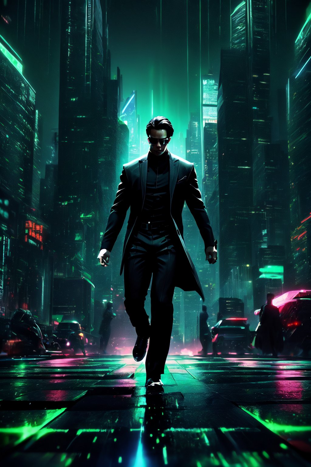 high-definition, dynamic, action-packed, 
1man, Matrix style, leaping, mid-air, all-black suit, black glasses, athletic build, intense expression, 
((depth of field)), urban skyline, futuristic cityscape, dark ambiance, digital code rain, neon lights, gorgeous movements, Code matrix cascading from top to bottom, by FuturEvoLab, 
gravity-defying, cyberpunk atmosphere, surreal, digital world, 