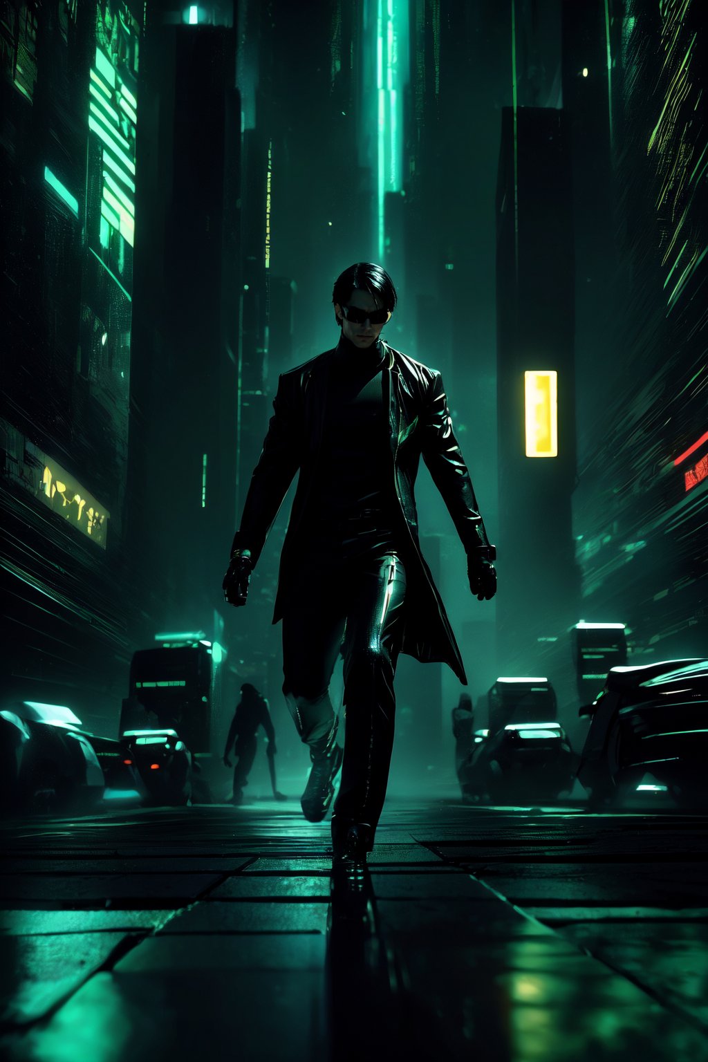 high-definition, dynamic, action-packed, 
1man, Matrix style, leaping, mid-air, all-black suit, black glasses, athletic build, intense expression, 
((depth of field)), urban skyline, futuristic cityscape, dark ambiance, digital code rain, neon lights, gorgeous movements, Code matrix cascading from top to bottom, by FuturEvoLab, 
gravity-defying, cyberpunk atmosphere, surreal, digital world, ,Edge feathering and holy light,Cyberpunk