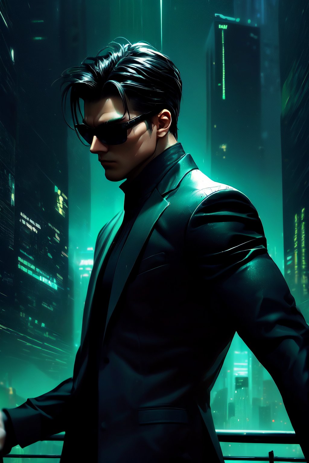 high-definition, dynamic, action-packed, 
1man, Matrix style, leaping, mid-air, all-black suit, black glasses, athletic build, intense expression, 
((depth of field)), urban skyline, futuristic cityscape, dark ambiance, digital code rain, neon lights, gorgeous movements, Code matrix cascading from top to bottom, by FuturEvoLab, 
gravity-defying, cyberpunk atmosphere, surreal, digital world, ,Human bones
