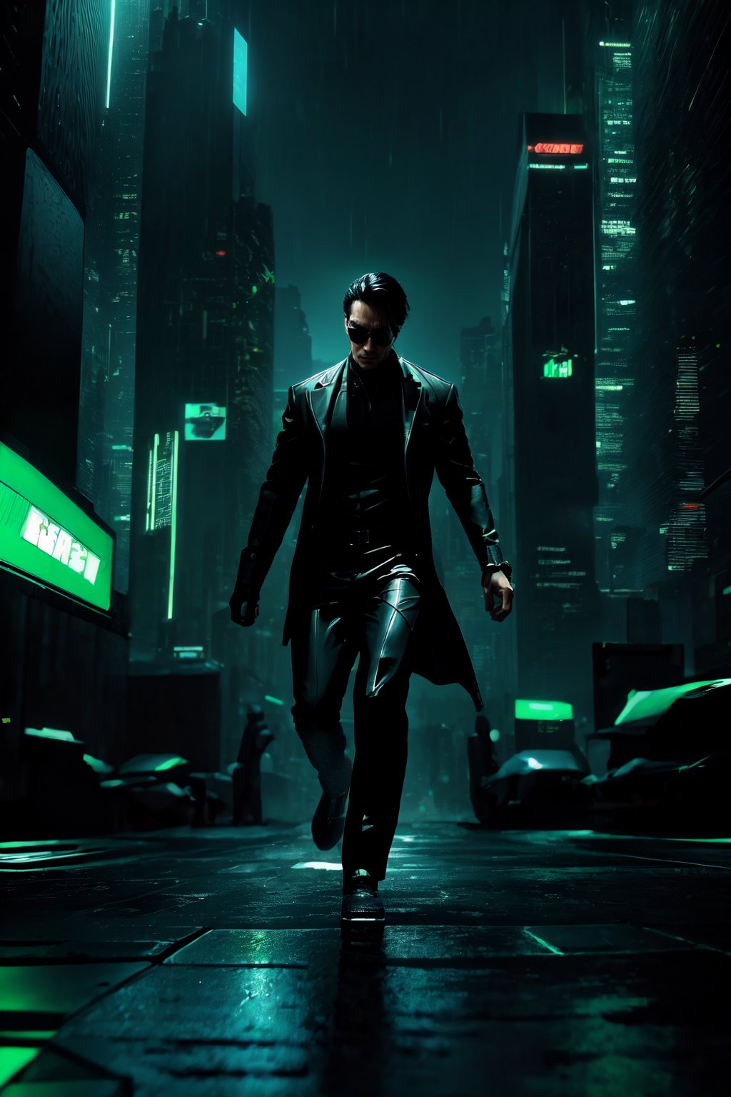 high-definition, dynamic, action-packed, 
1man, Matrix style, leaping, mid-air, all-black suit, black glasses, athletic build, intense expression, 
((depth of field)), urban skyline, futuristic cityscape, dark ambiance, digital code rain, neon lights, gorgeous movements, Code matrix cascading from top to bottom, by FuturEvoLab, 
gravity-defying, cyberpunk atmosphere, surreal, digital world, ,Edge feathering and holy light,Cyberpunk