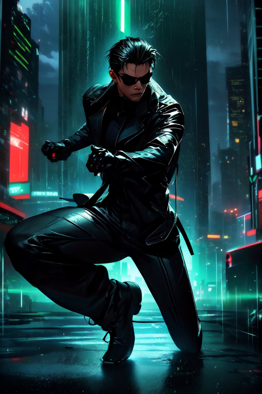 high-definition, dynamic, action-packed, 
1man, Matrix style, leaping, mid-air, all-black suit, black glasses, athletic build, intense expression, 
((depth of field)), urban skyline, futuristic cityscape, dark ambiance, digital code rain, neon lights, gorgeous movements, Code matrix cascading from top to bottom, by FuturEvoLab, 
gravity-defying, cyberpunk atmosphere, surreal, digital world, 