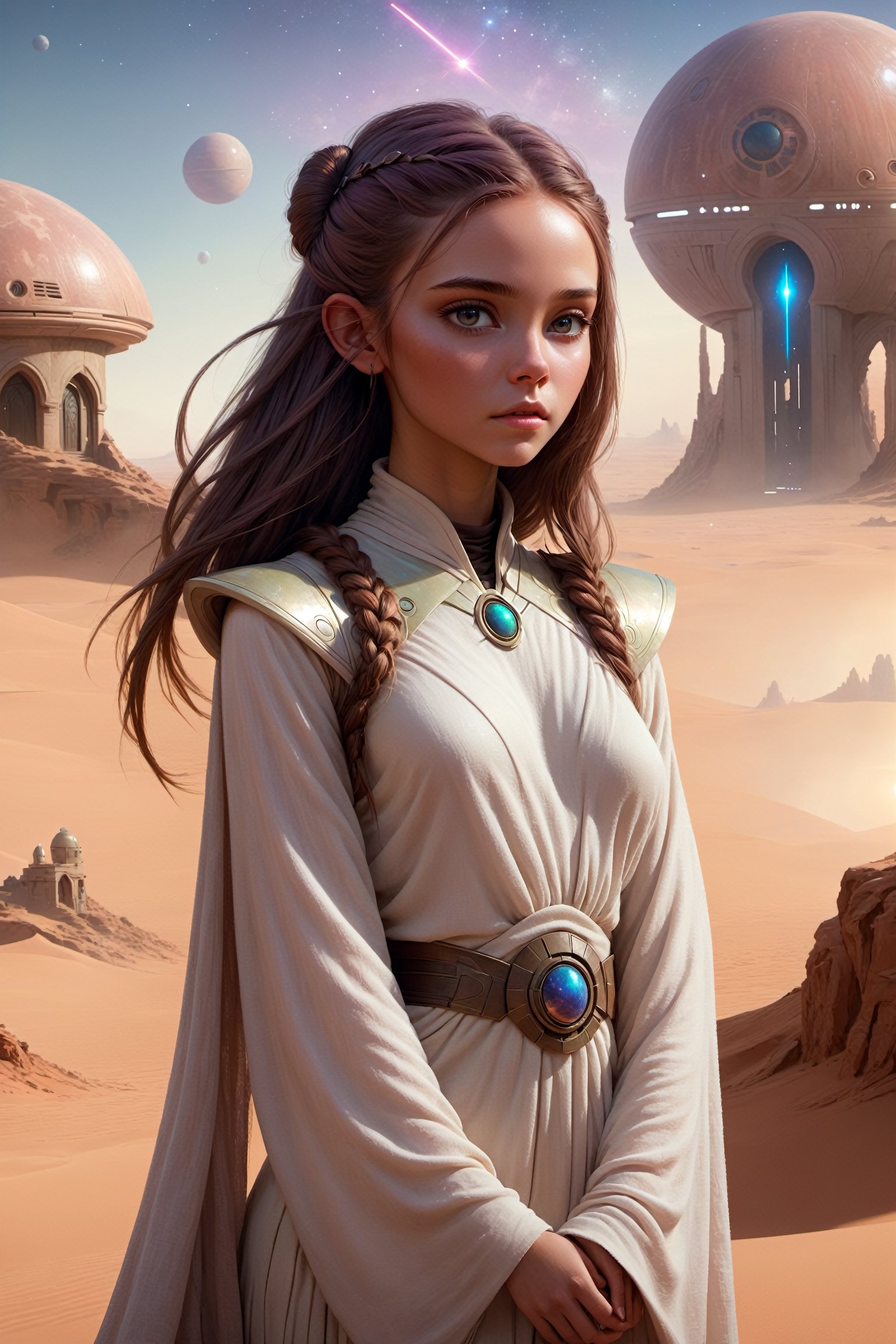 1girl, ethereal fantasy, concept art, bargandi hair, alien planet, Star Wars, magnificent, conservative cloths, beautiful face, celestial, ethereal, epic, majestic, magical, fantasy, desert, star war house