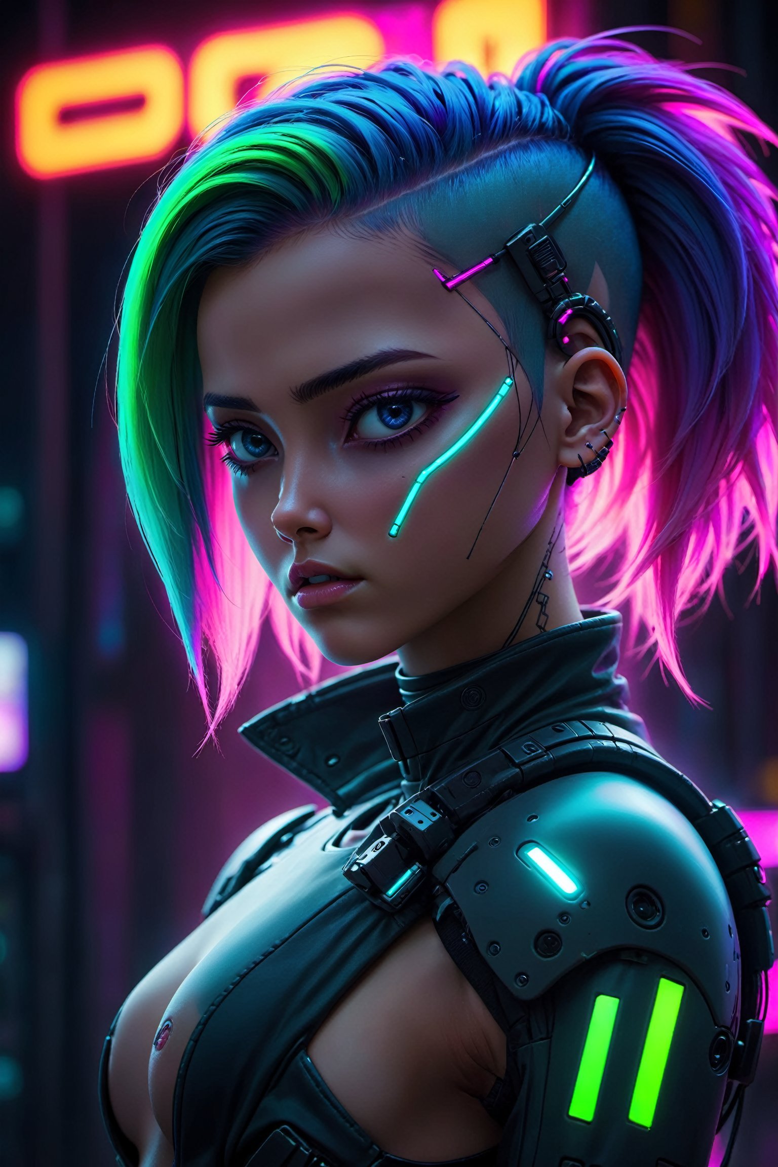 1girl, futuristic, Neon, cyberpunk, synthwave, cybernetic, look of severe determination, neon hair, woman, midnight