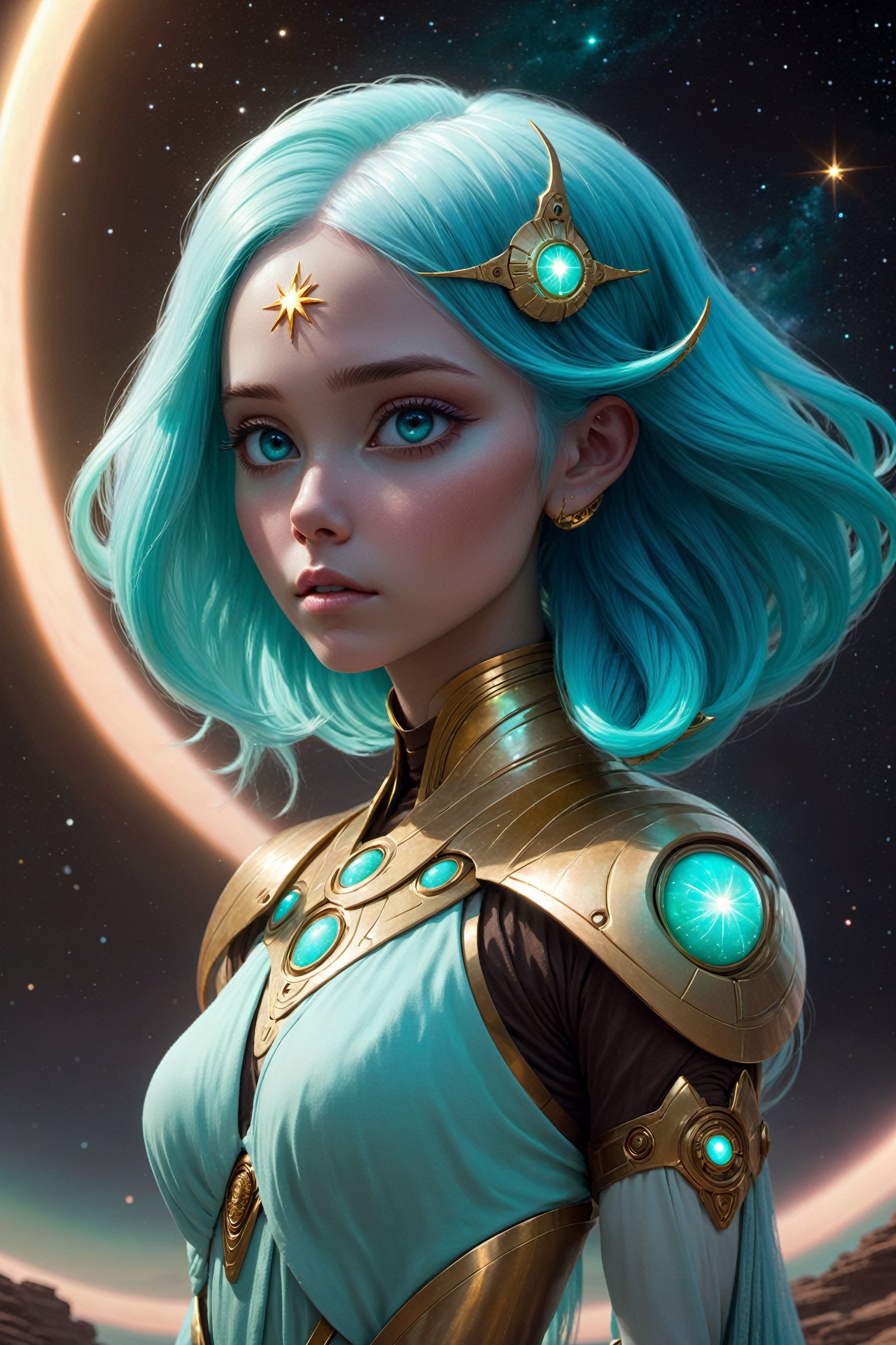 1girl, ethereal fantasy, concept art, cyan hair, glowing hair, alien planet, Star Wars, magnificent, futuristic cloths, beautiful face, celestial, ethereal, epic, majestic, magical, fantasy, gold trim,